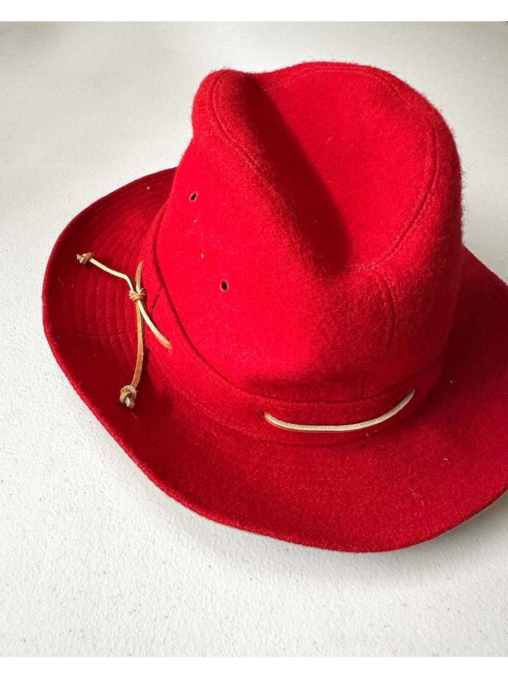 Vtg Eddie Bauer Red Wool Fedora Hat Mens L Made in USA Leather Band Bush Bucket
